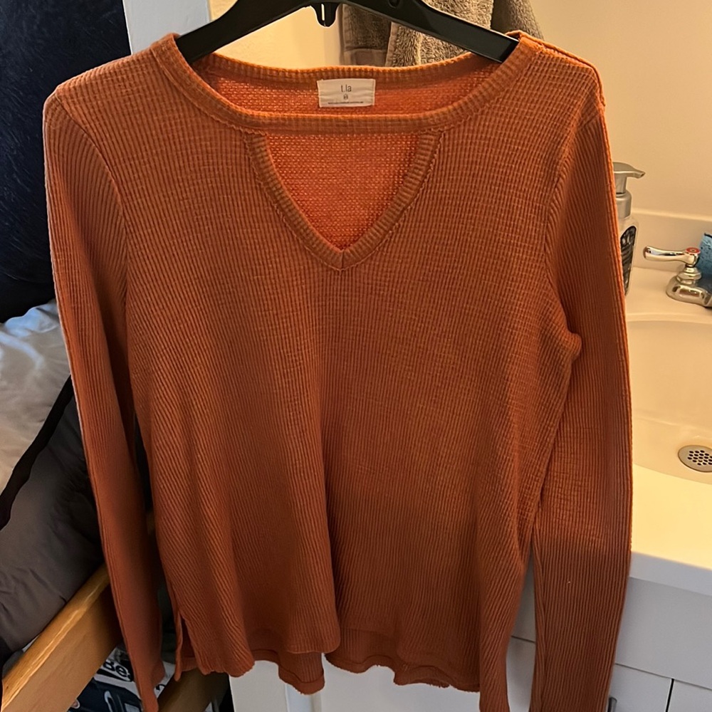 Waffle knit long sleeve with neck cut out